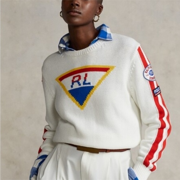 Polo Ralph Lauren Sweaters - Polo by Ralph Lauren White Sweater with Red, Blue & Yellow Logo